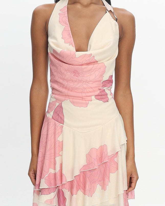 Blush Cowl Ruffle Mini Dress Floral