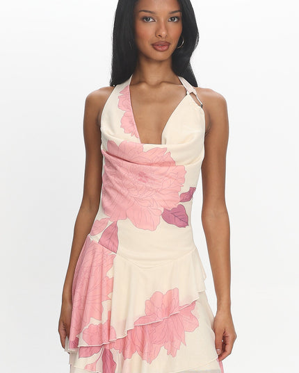 Blush Cowl Ruffle Mini Dress Floral
