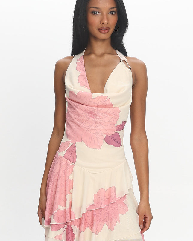 Blush Cowl Ruffle Mini Dress Floral