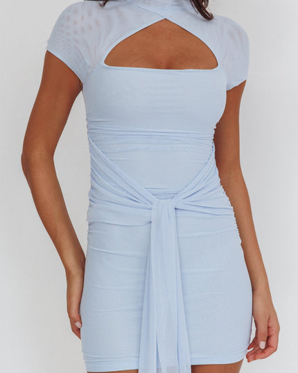 Ice Blue Keyhole Bust Waist Tie Mini Dress