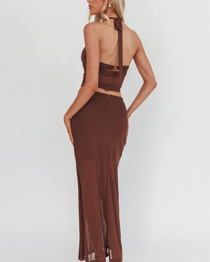 Brown Gold Buckle Mesh Maxi Skirt