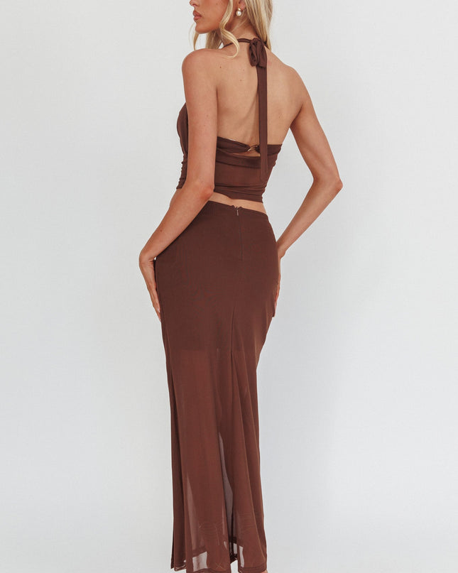 Brown Gold Buckle Mesh Maxi Skirt