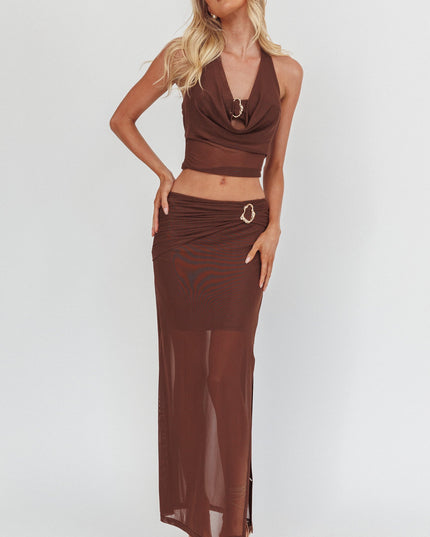 Brown Gold Buckle Mesh Maxi Skirt