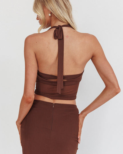 Brown Cowl Halterneck Crop Top