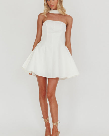 White Strapless Gold Button Mini Dress