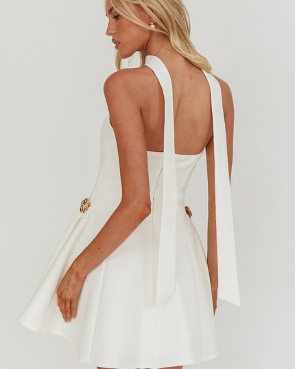 White Strapless Gold Button Mini Dress
