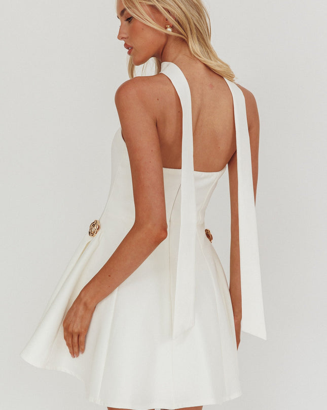 White Strapless Gold Button Mini Dress