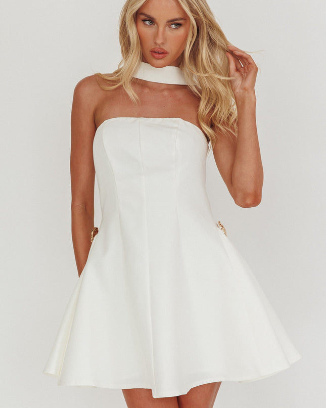 White Strapless Gold Button Mini Dress