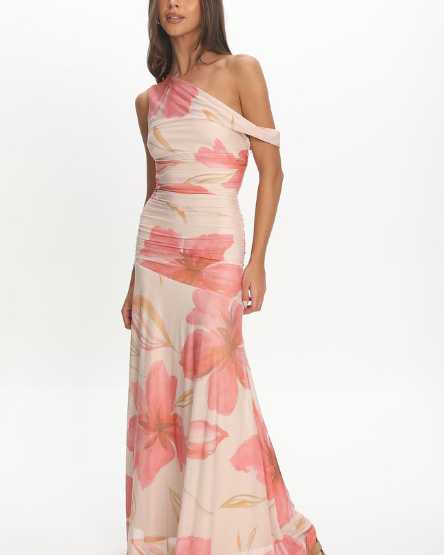 Floral Asymmetric Neckline Mesh Maxi Dress
