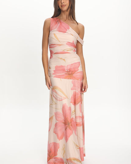 Floral Asymmetric Neckline Mesh Maxi Dress