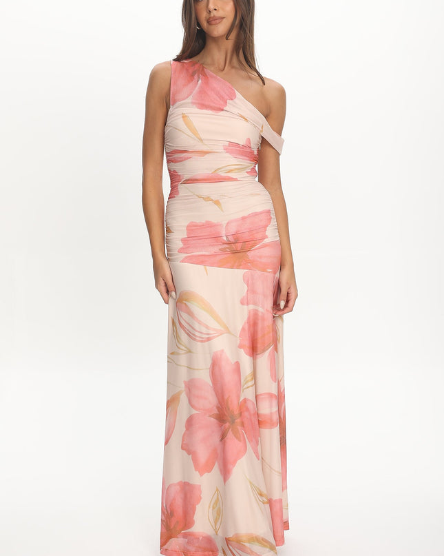 Floral Asymmetric Neckline Mesh Maxi Dress