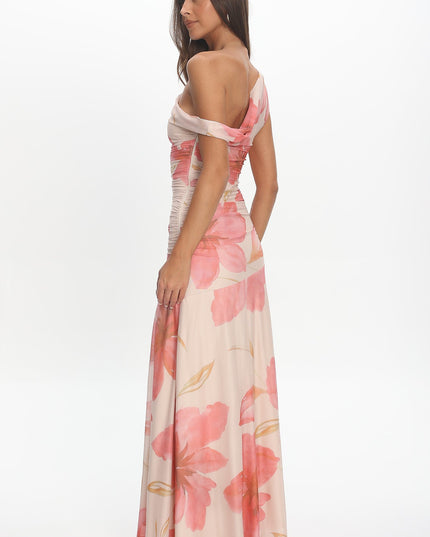Floral Asymmetric Neckline Mesh Maxi Dress