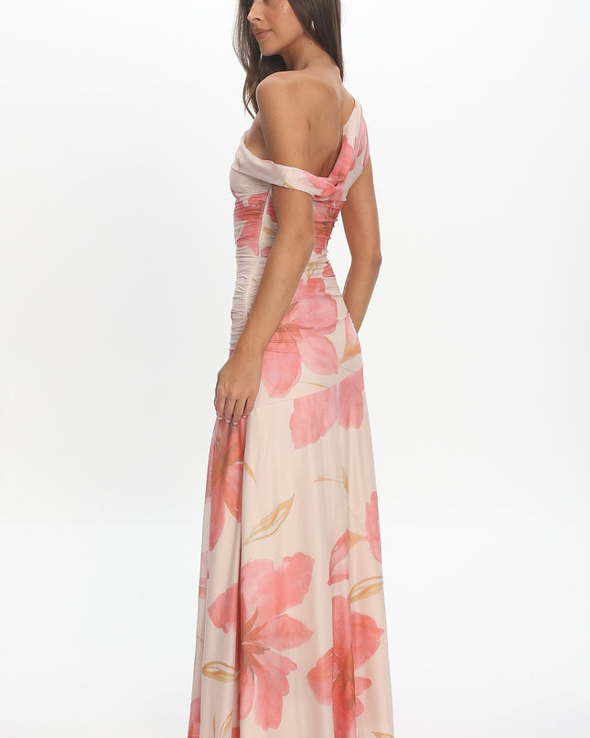Floral Asymmetric Neckline Mesh Maxi Dress