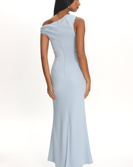 Light Blue Asymmetric Neckline Mesh Maxi Dress