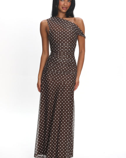 Chocolate Asymmetric Neckline Mesh Maxi Dress Polka Dot