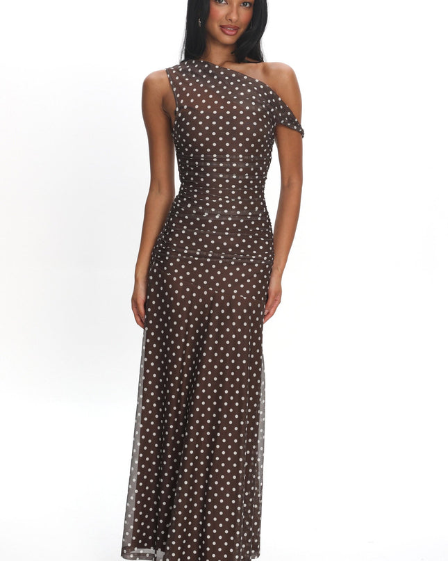 Chocolate Asymmetric Neckline Mesh Maxi Dress Polka Dot