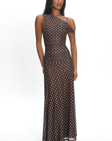 Chocolate Asymmetric Neckline Mesh Maxi Dress Polka Dot