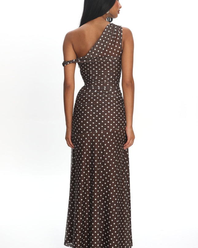 Chocolate Asymmetric Neckline Mesh Maxi Dress Polka Dot