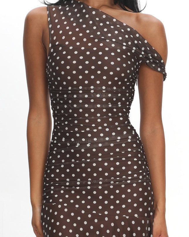 Chocolate Asymmetric Neckline Mesh Maxi Dress Polka Dot