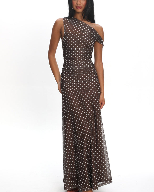 Chocolate Asymmetric Neckline Mesh Maxi Dress Polka Dot