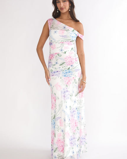 Blue Asymmetric Neckline Mesh Maxi Dress Floral