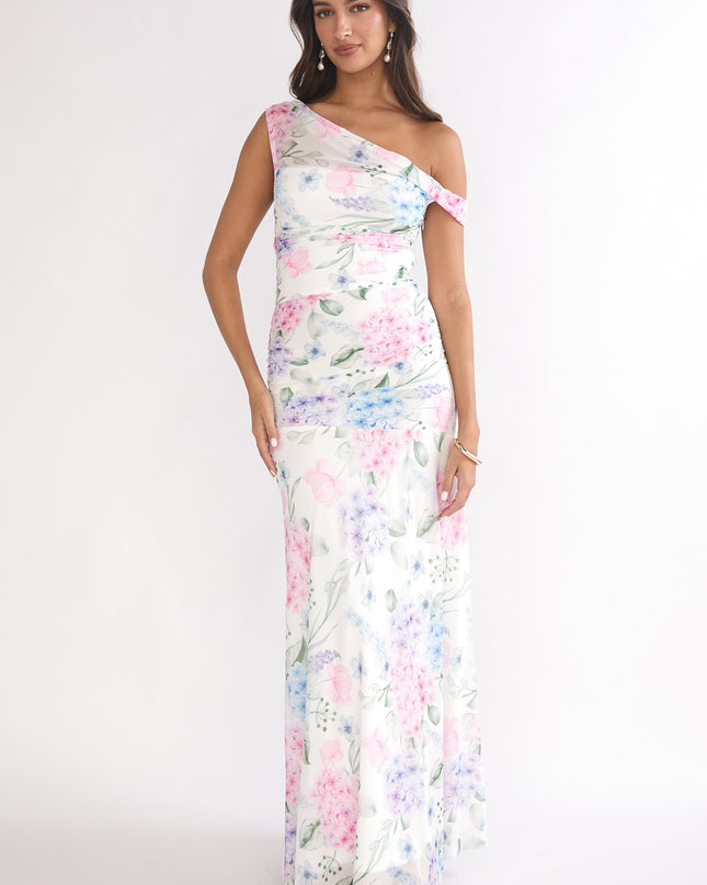 Blue Asymmetric Neckline Mesh Maxi Dress Floral