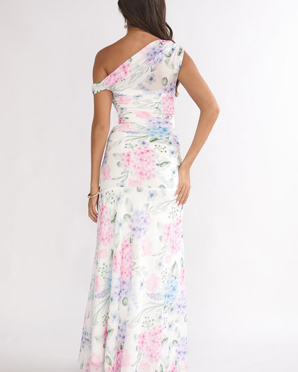 Blue Asymmetric Neckline Mesh Maxi Dress Floral
