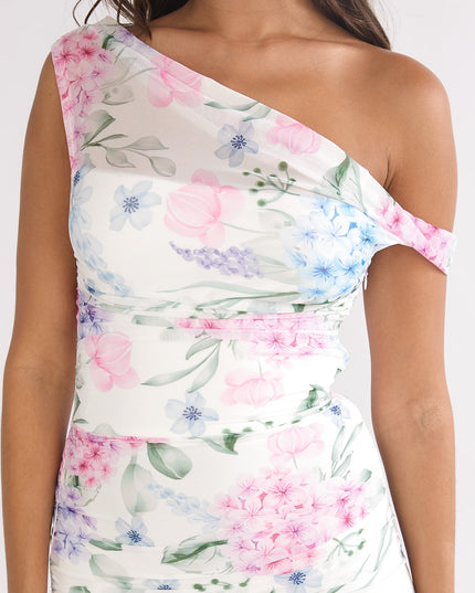 Blue Asymmetric Neckline Mesh Maxi Dress Floral