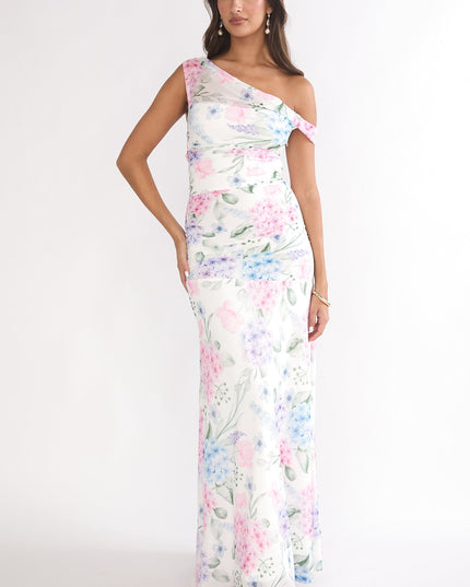 Blue Asymmetric Neckline Mesh Maxi Dress Floral
