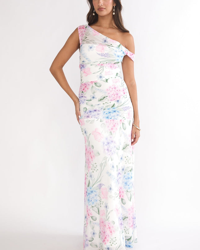 Blue Asymmetric Neckline Mesh Maxi Dress Floral