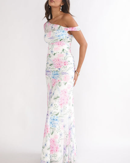 Blue Asymmetric Neckline Mesh Maxi Dress Floral