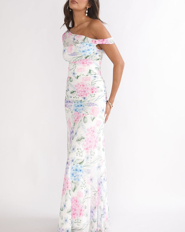 Blue Asymmetric Neckline Mesh Maxi Dress Floral
