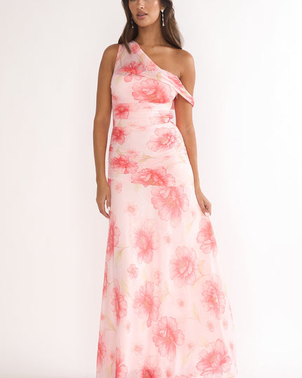Pink Asymmetric Neckline Mesh Maxi Dress Floral