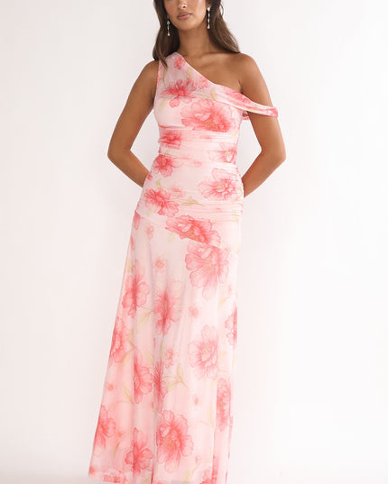 Pink Asymmetric Neckline Mesh Maxi Dress Floral