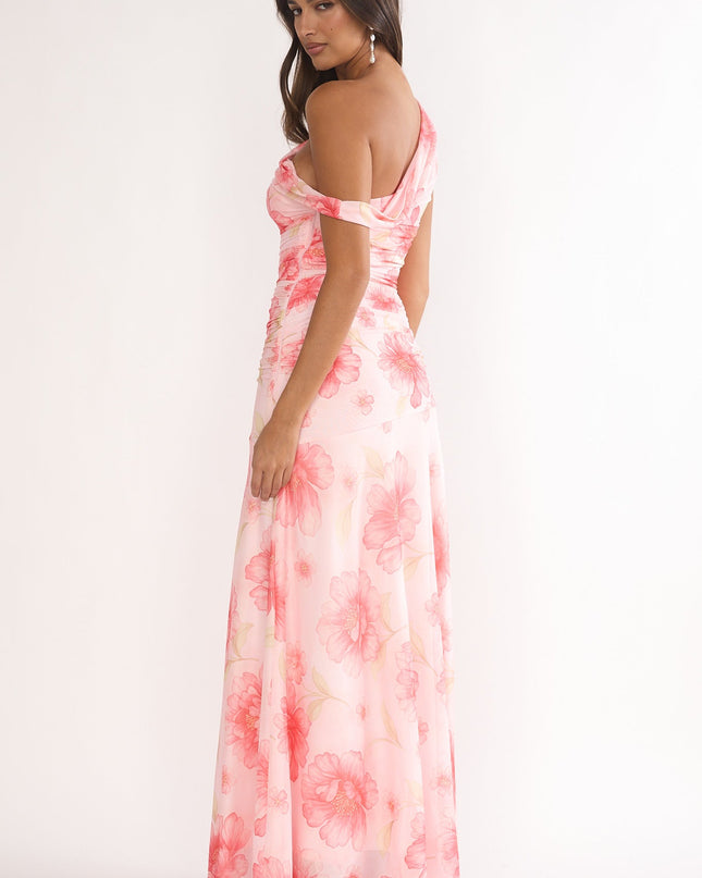 Pink Asymmetric Neckline Mesh Maxi Dress Floral