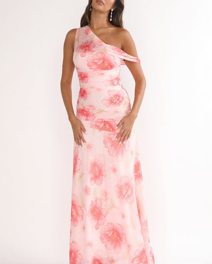 Pink Asymmetric Neckline Mesh Maxi Dress Floral