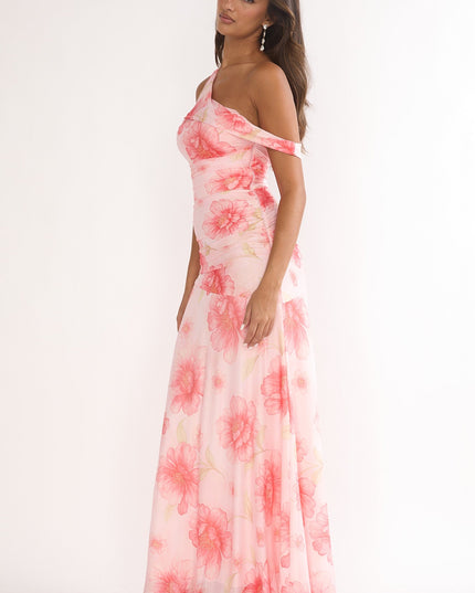 Pink Asymmetric Neckline Mesh Maxi Dress Floral