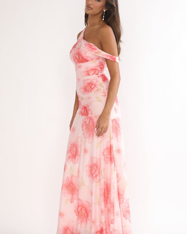 Pink Asymmetric Neckline Mesh Maxi Dress Floral