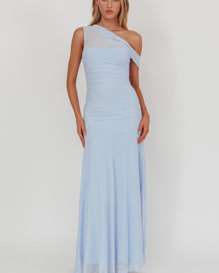 Ice Blue Asymmetric Neckline Mesh Maxi Dress