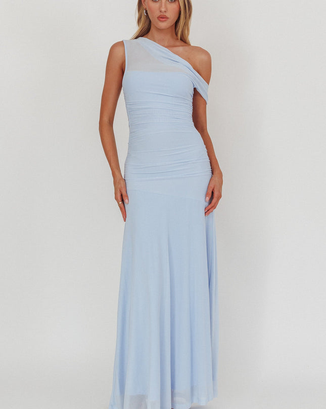 Ice Blue Asymmetric Neckline Mesh Maxi Dress