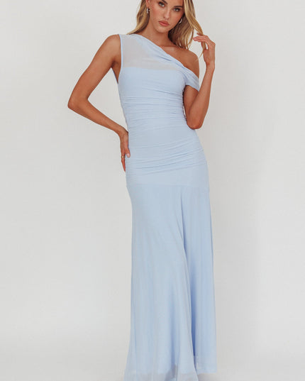 Ice Blue Asymmetric Neckline Mesh Maxi Dress