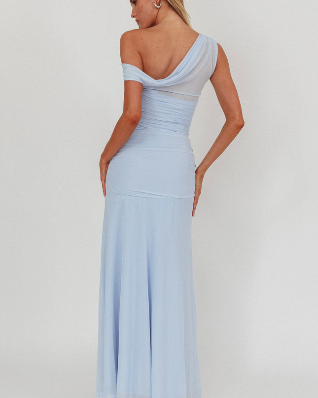 Ice Blue Asymmetric Neckline Mesh Maxi Dress