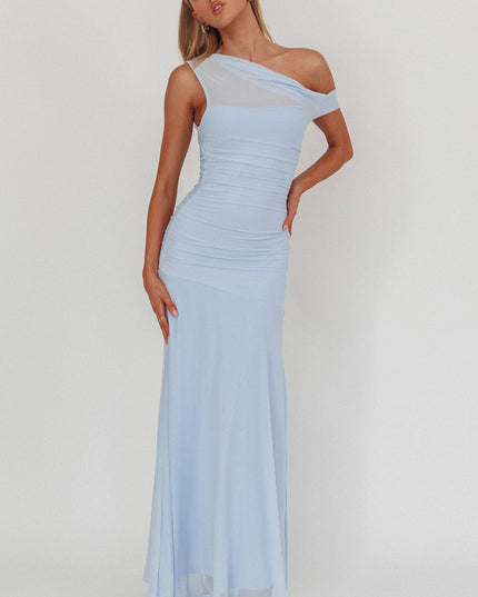 Ice Blue Asymmetric Neckline Mesh Maxi Dress