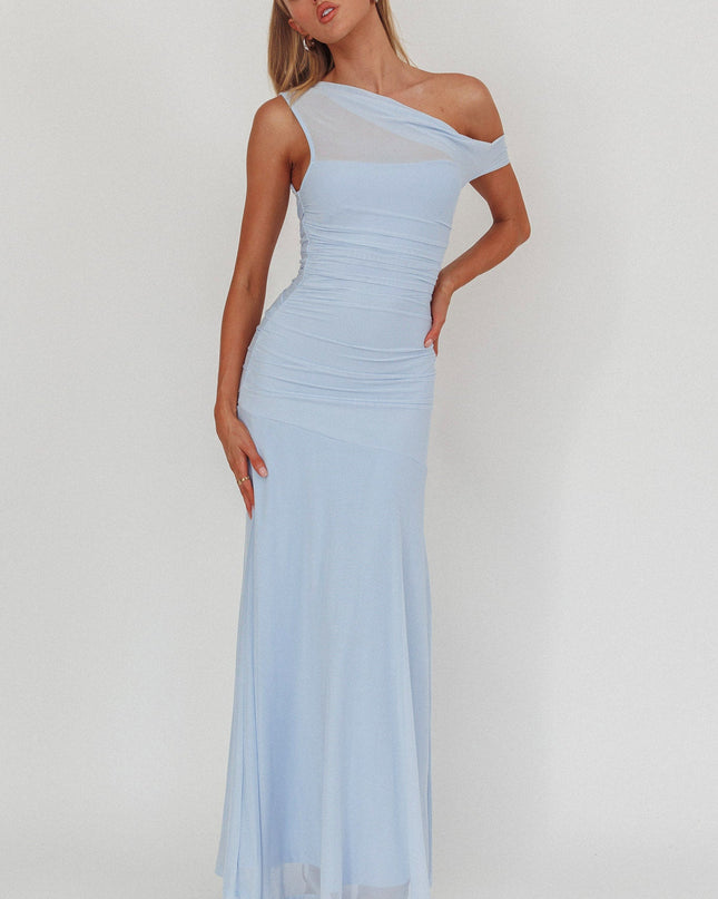Ice Blue Asymmetric Neckline Mesh Maxi Dress
