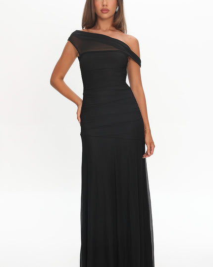 Black Asymmetric Neckline Mesh Maxi Dress
