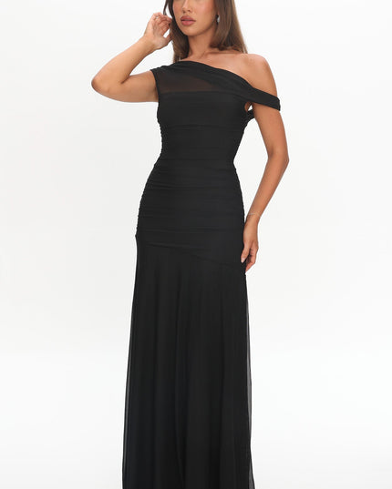 Black Asymmetric Neckline Mesh Maxi Dress