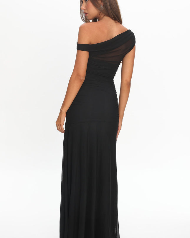 Black Asymmetric Neckline Mesh Maxi Dress