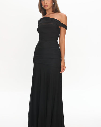 Black Asymmetric Neckline Mesh Maxi Dress