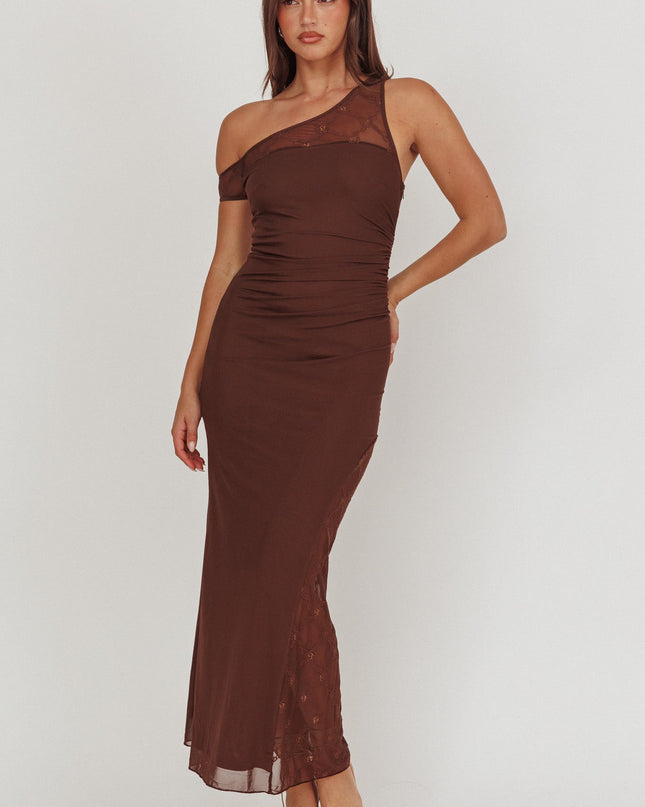 Chocolate One-Shoulder Lace Panel Maxi Dress