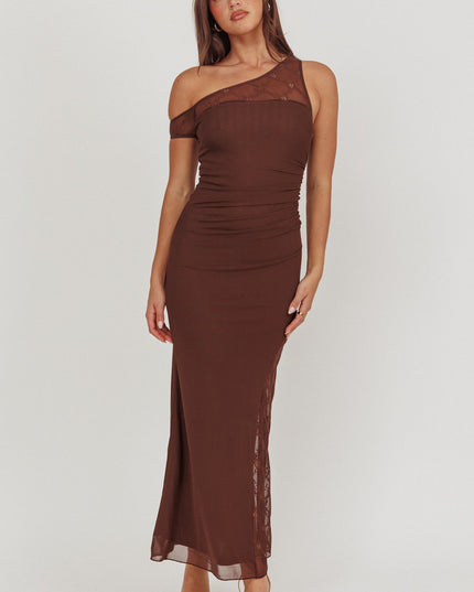 Chocolate One-Shoulder Lace Panel Maxi Dress